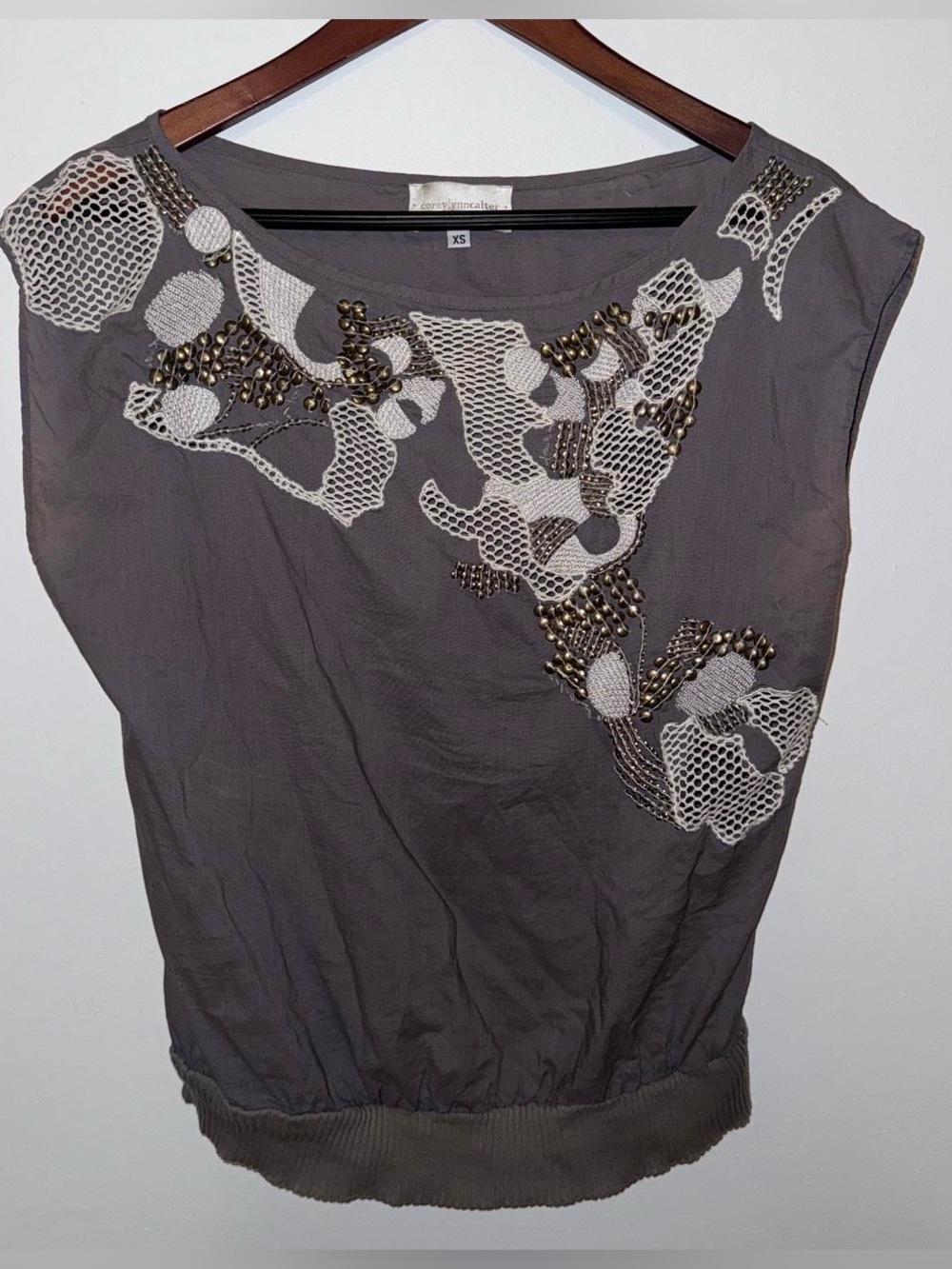 Corey Lynn Calter Gray Sleeveless Tank with White Lace & Gold Beads